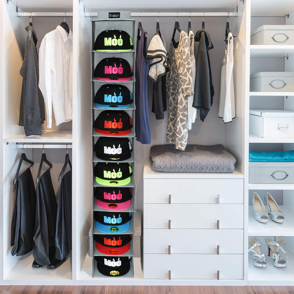 VAESIDA Hat Rack Organizer - 10 Shelf Hanging Storage for Baseball Caps, Gray