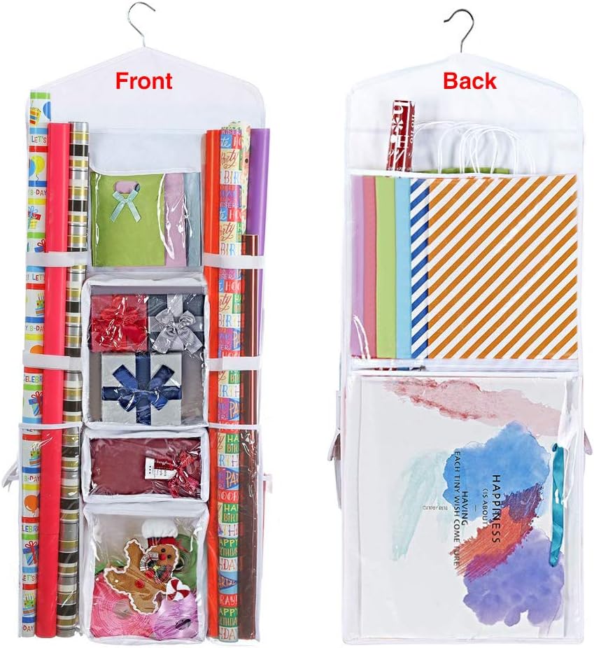 Primode Wrapping Paper Storage - Over The Door Gift Wrap Organizer with Double-Sided Pockets | 40”x17” (White)
