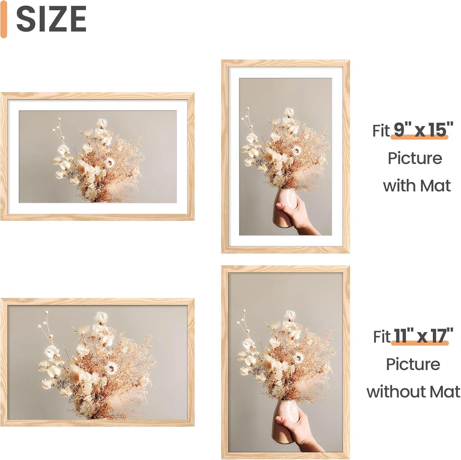 Upsimples 11x17 Picture Frame - Versatile Display for 9x15 with Mat or 11x17 Without | Natural Finish, 1 Pack