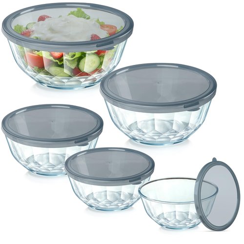 ENVTEK Thick Glass Mixing Bowls with Airtight Lids Set, 5-Piece Nesting Bowls for Baking & Meal Prep, BPA Free, Dishwasher Safe, 0.5/0.8/1.6/2.7/4.4 Quart - Gray