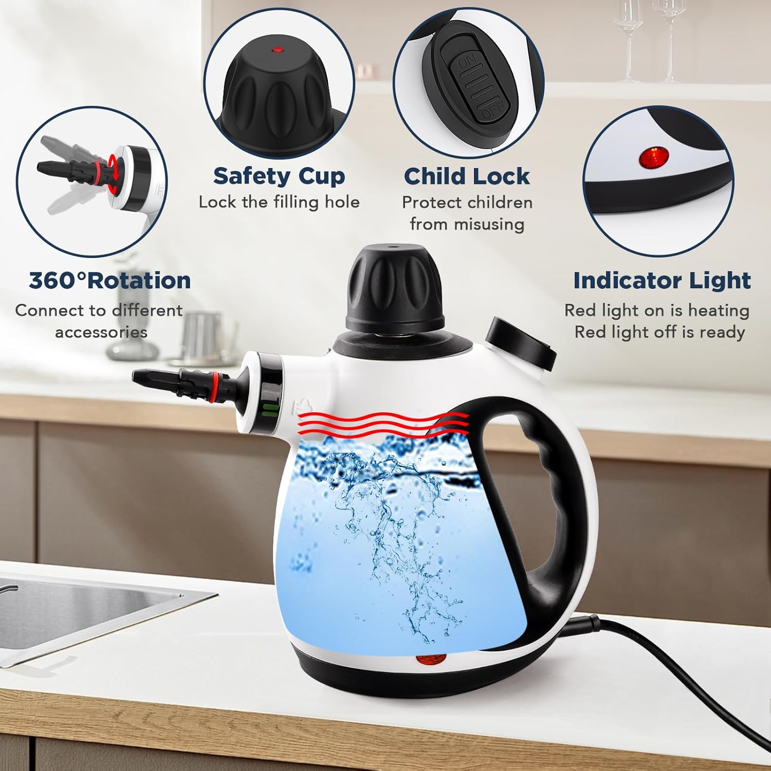 Skiennix Handheld Steam Cleaner - Portable Upholstery Steamer with 10 Accessories & Safety Lock