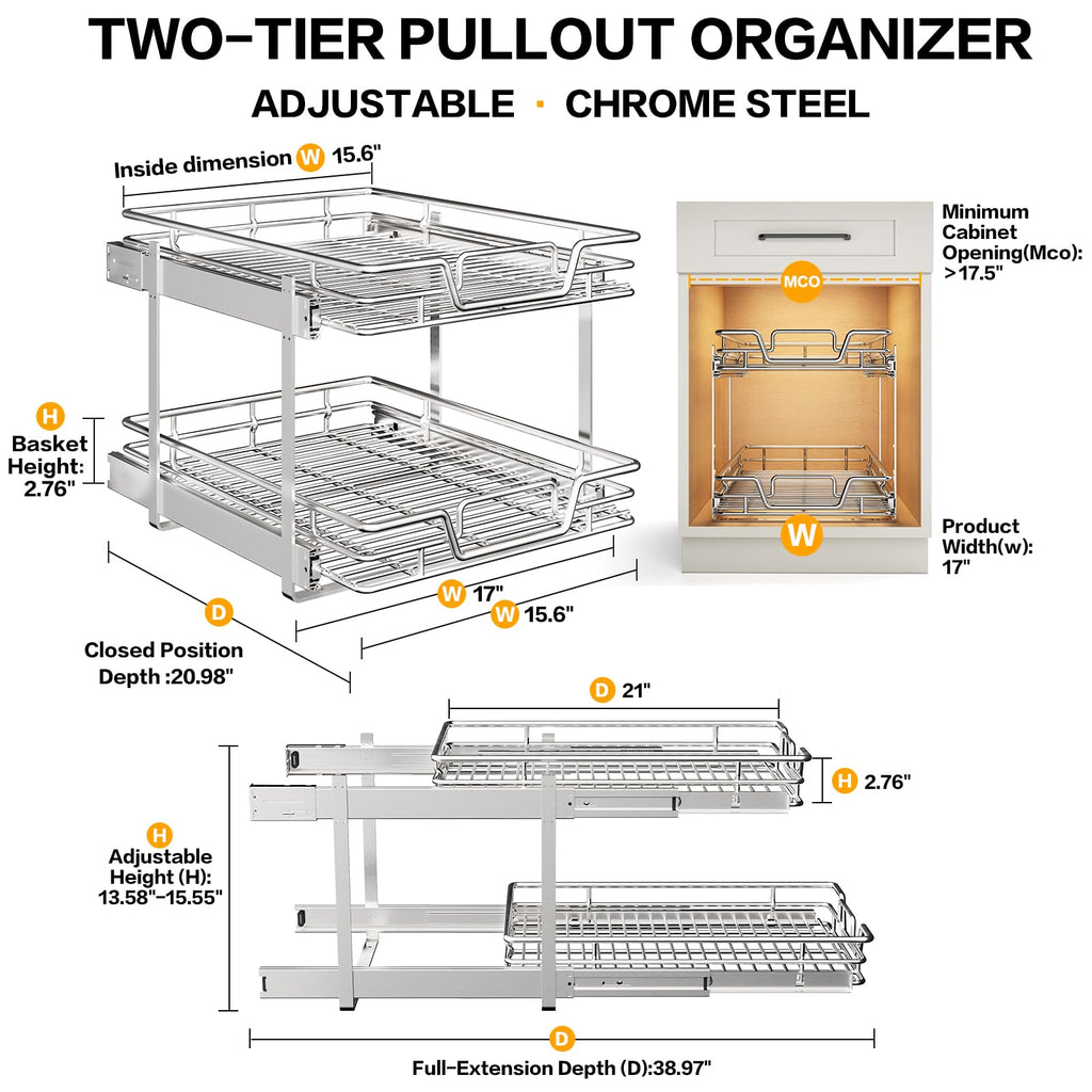 QUYUWU 2-Tier Kitchen Cabinet Pull Out Cabinet Organizer,Shelf and Drawer Organizer Slide Out Pantry Storaqe Basket in Multiple Sizes (17" W x 21" D)