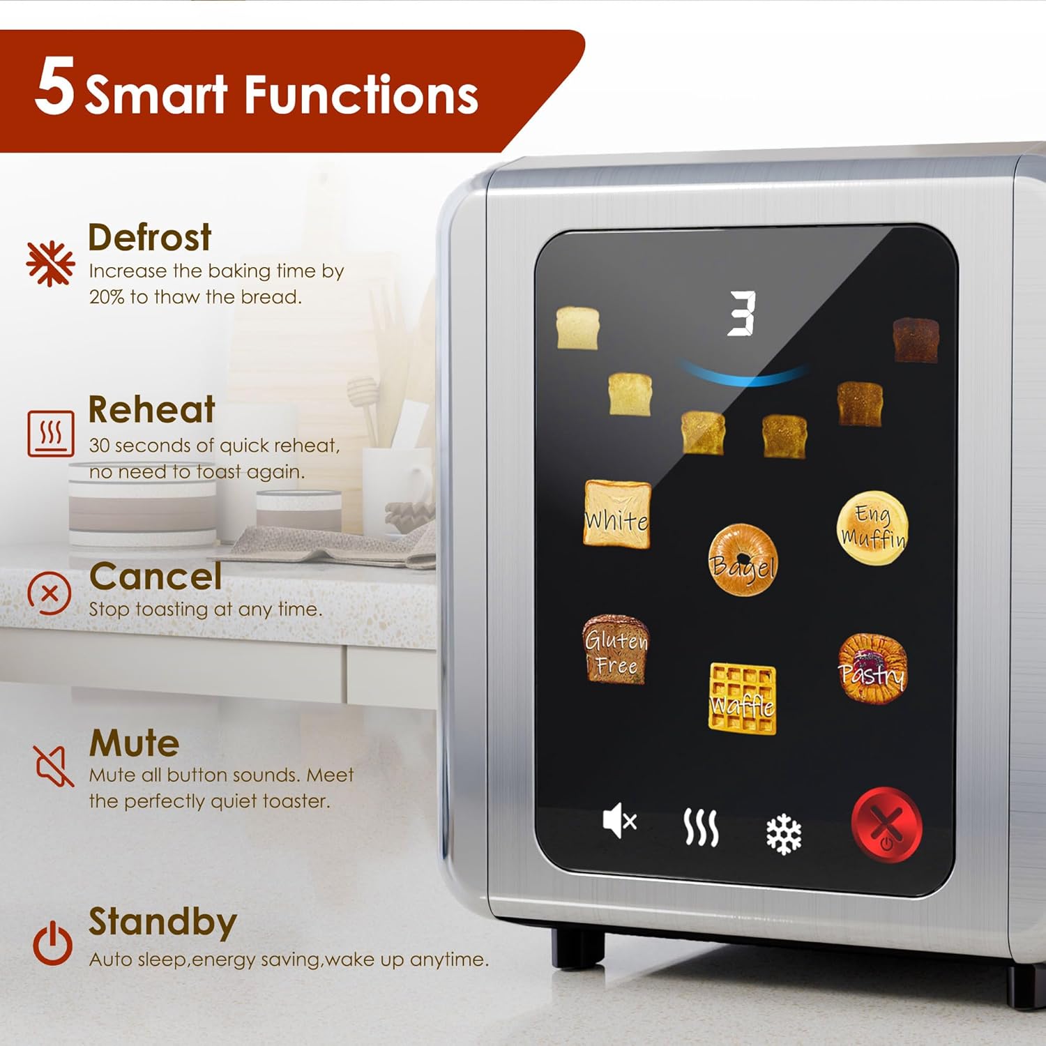 WHALL Touch Screen Toaster - 2 Slice Smart Toaster with Digital Timer & 6 Shade Settings | Stainless Steel, Silver