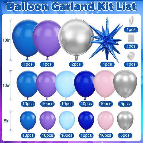 Blue Purple Silver Balloon Arch Garland Kit - Star Foil & 4D Round Balloons for Baby Shower & Birthday Party Decorations
