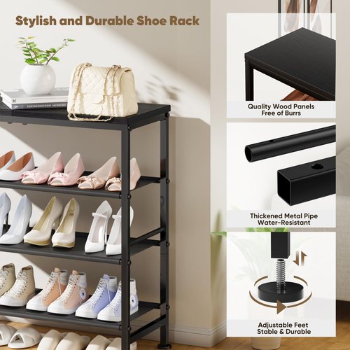Mavivegue Shoe Rack Organizer, 4-Tier Metal Shoe Storage with Non-Woven Fabrics Shelves and Wooden Top Board, Shoe Rack for Entryway Bedroom Living Room Garage, Black
