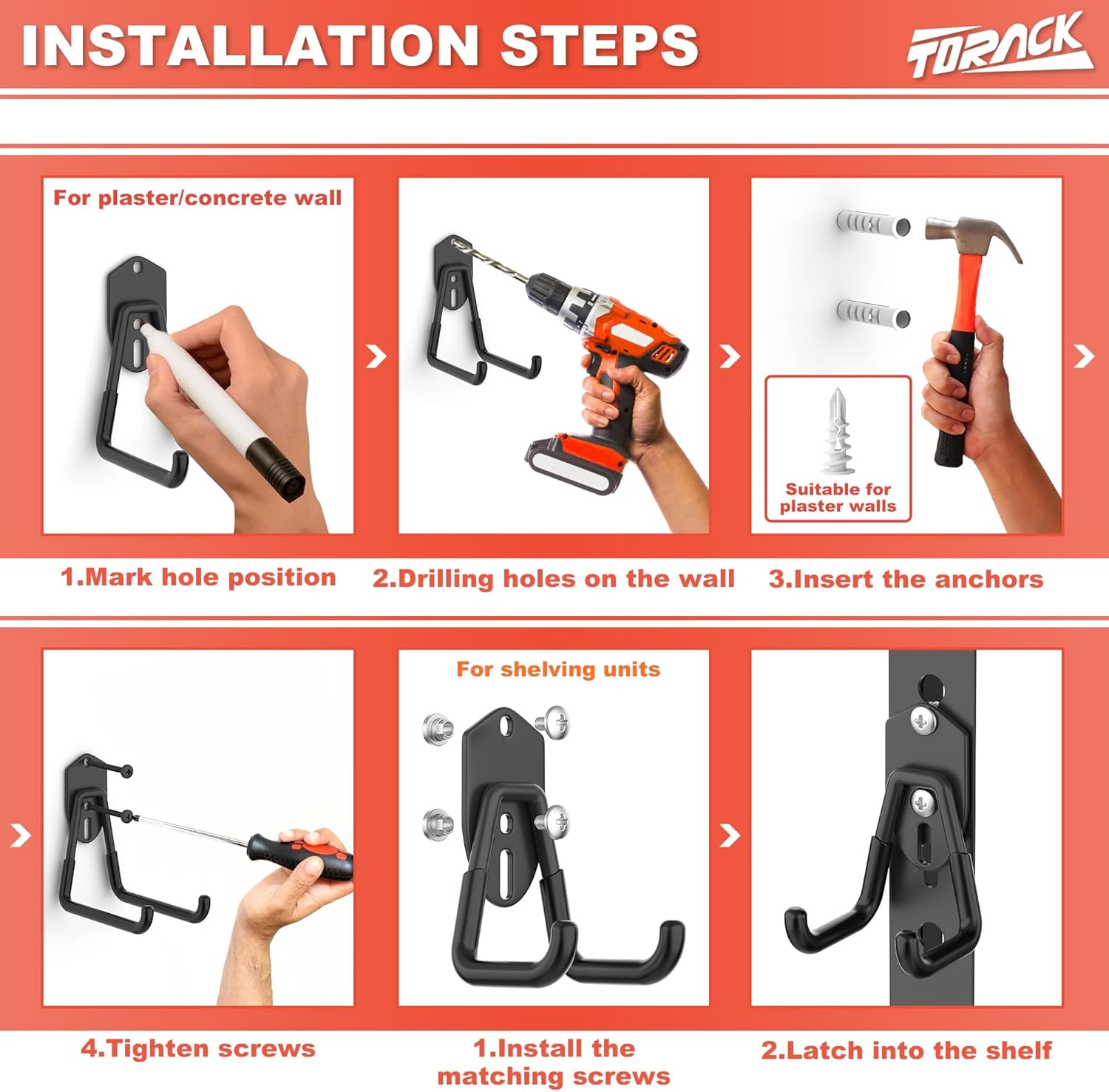 TORACK 15 PCS Garage Storage System Hooks - Wall Mount Utility Hooks for Tools, Ladders & More (Black)
