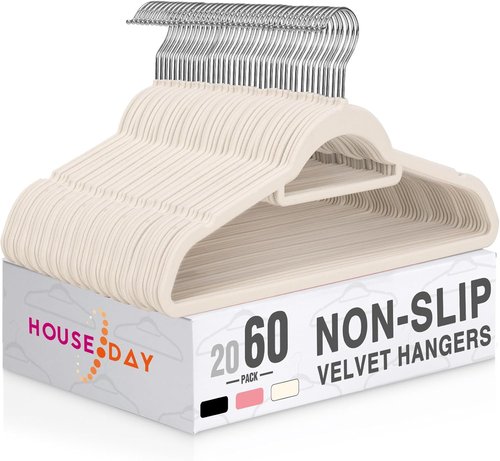 HOUSE DAY Velvet Hangers - Non-Slip Space-Saving Felt Hangers with Tie Bar | 60 Pack in Ivory for Clothes, Pants, Coats, and More