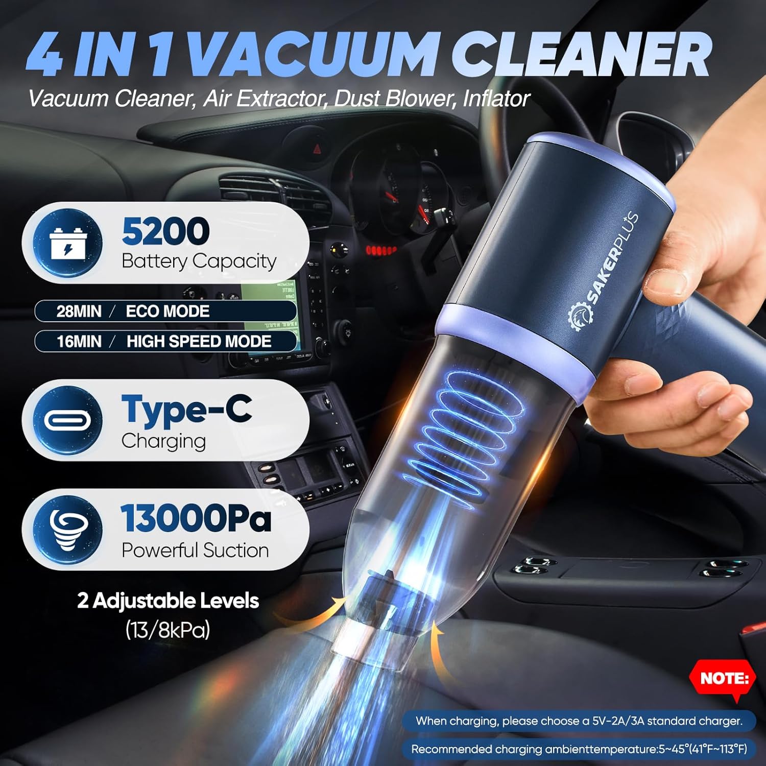 SakerPlus Car Vacuum Cleaner - 3-in-1 Cordless Handheld with 13000Pa Power | Adjustable & Portable for Cars