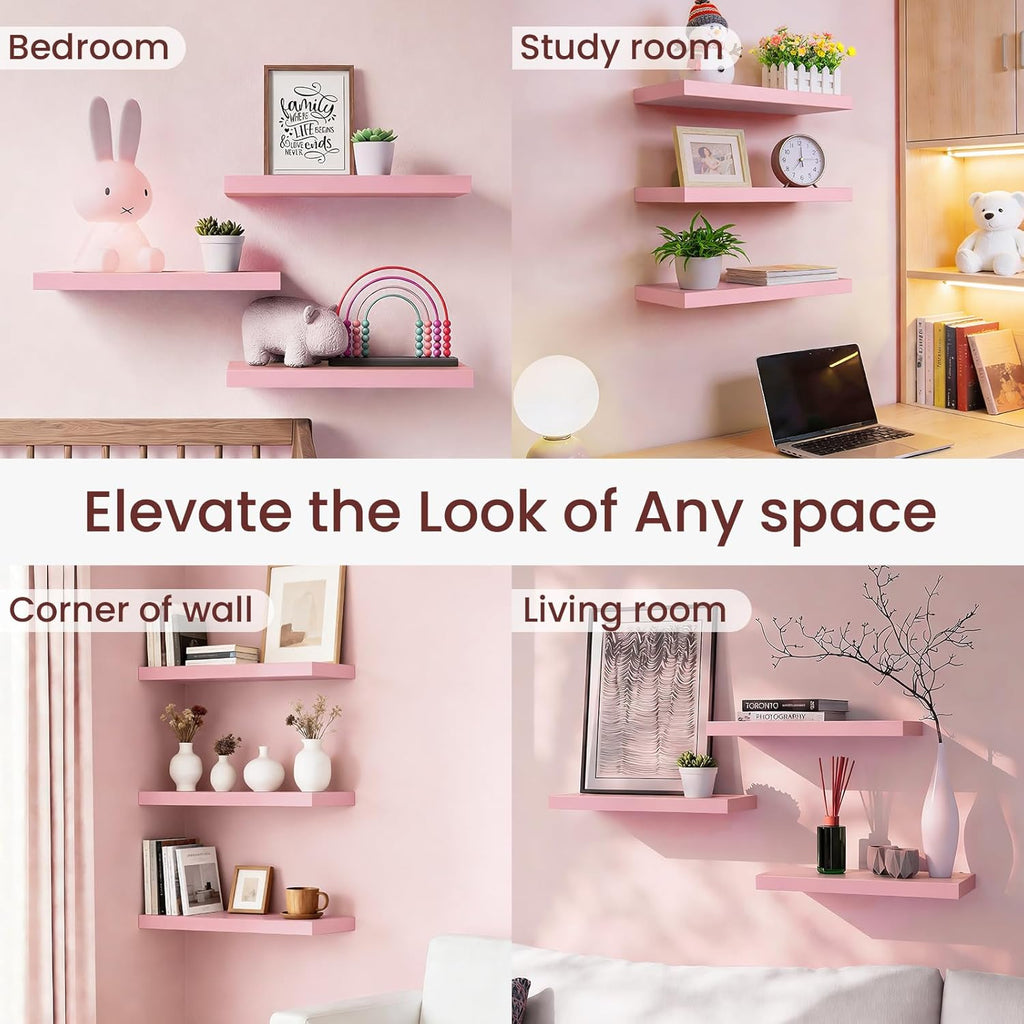 BAYKA Floating Wall Shelves - Set of 3 Pink Wood Shelves for Bathroom, Bedroom & Living Room | 15.7in, 22lbs Capacity