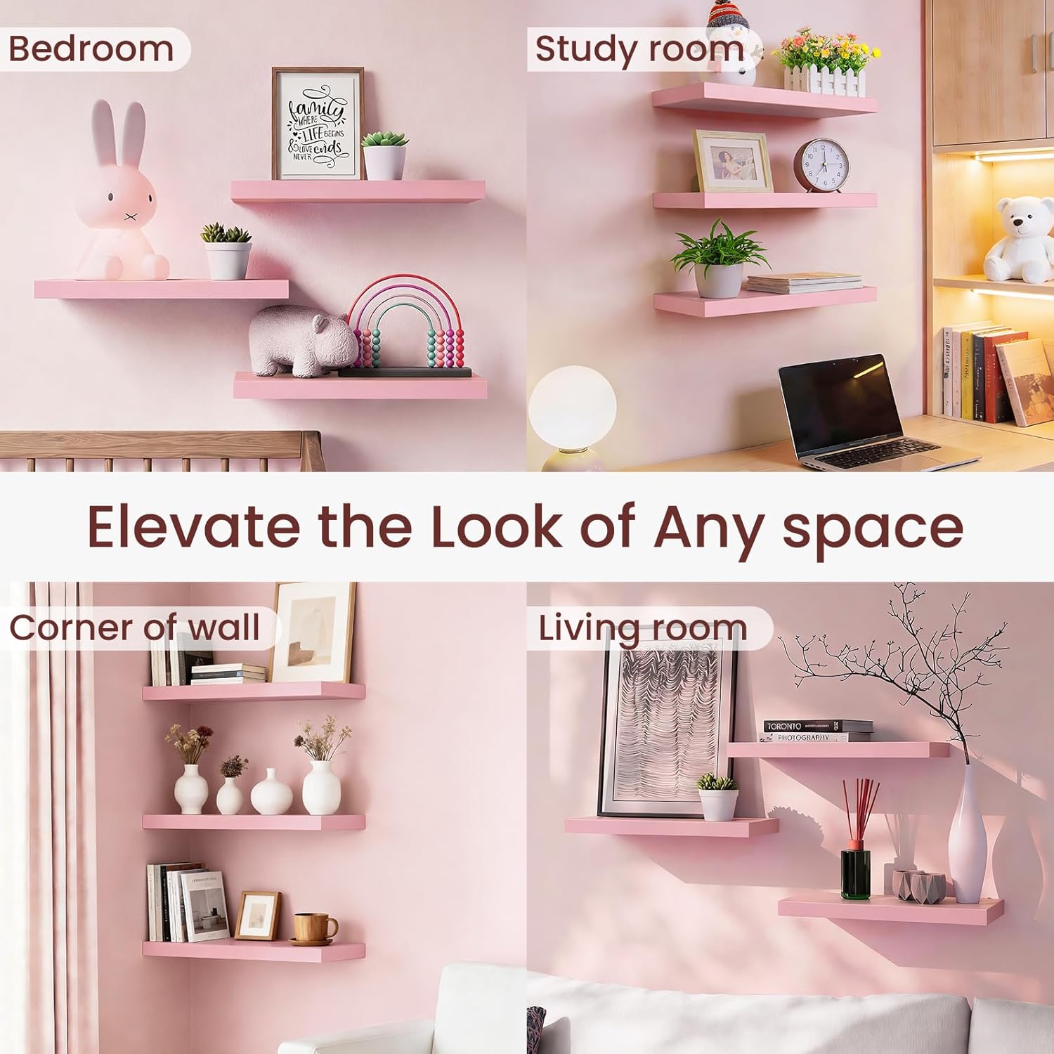 BAYKA Floating Wall Shelves - Set of 3 Pink Wood Shelves for Bathroom, Bedroom & Living Room | 15.7in, 22lbs Capacity
