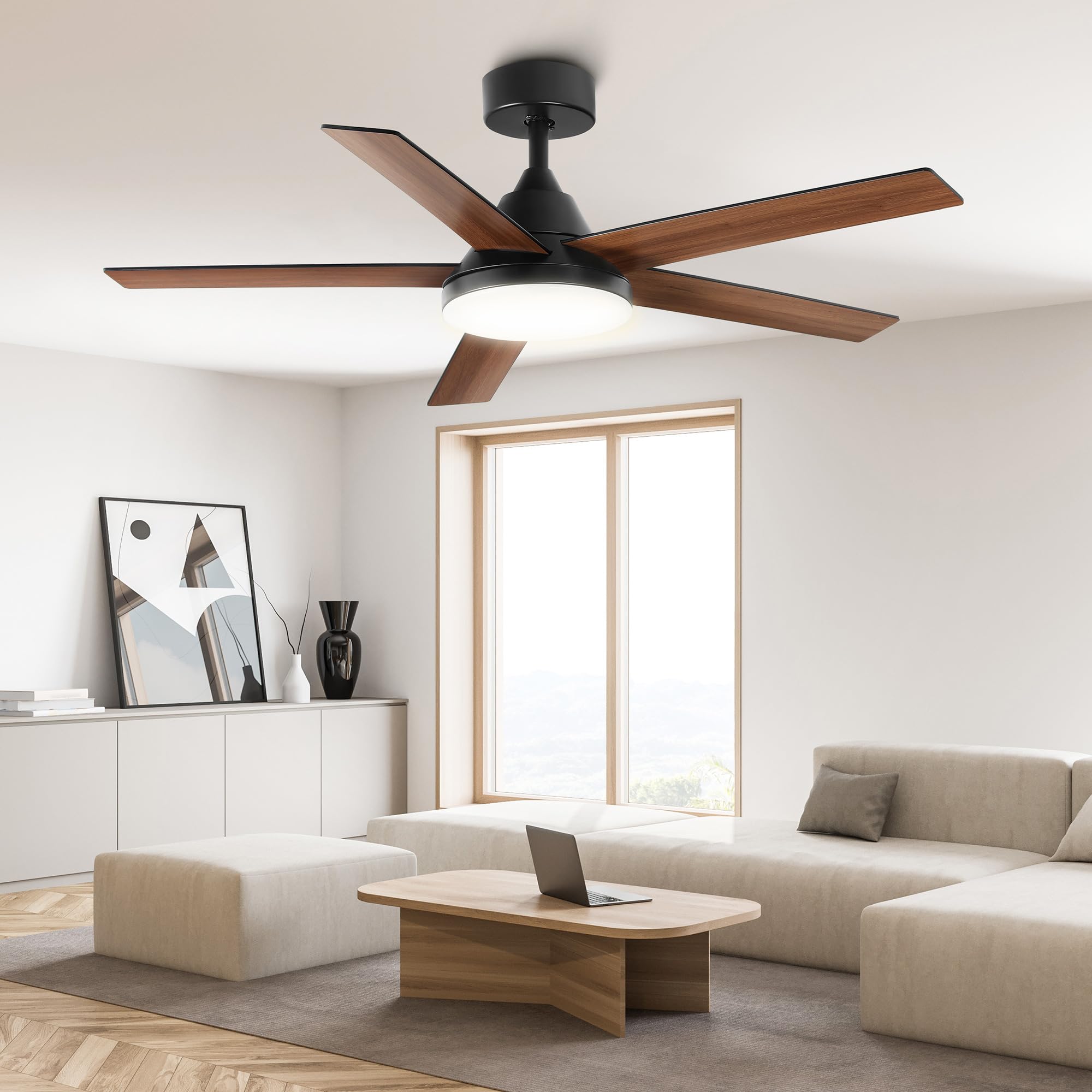 YITAHOME 52" Ceiling Fan with Lights & Remote, 3502 CFM, 3 CCT, 4 Timer Modes, 5 Reversible Dual Finish Blades, Modern Ceiling Fan with Quiet DC Motor for Living Room, Patio, Black & Walnut