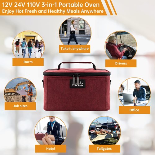 Portable Food Warmer Personal Mini Portable Oven - 12V 24V 110V 3-in-1 Electric Heated Lunch Box for Work, Car, Truck, Travel, Hotel, Potlucks, Home Kitchen Bundle (Black and Red)