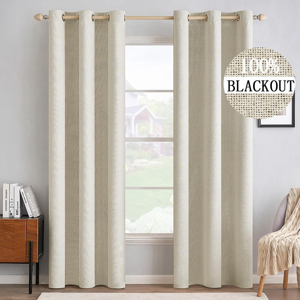 MIULEE 100% Blackout Linen Textured Curtains - Thermal Insulated Room Darkening Drapes | Cream, 42 x 84 Inch (2 Panels)