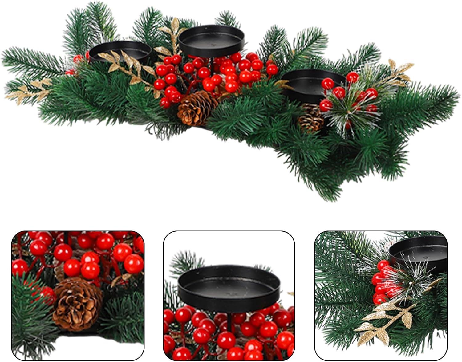 MorTime Christmas Centerpiece - 3 Candle Holders with Red Berries & Pine Cones | Indoor Holiday Decor