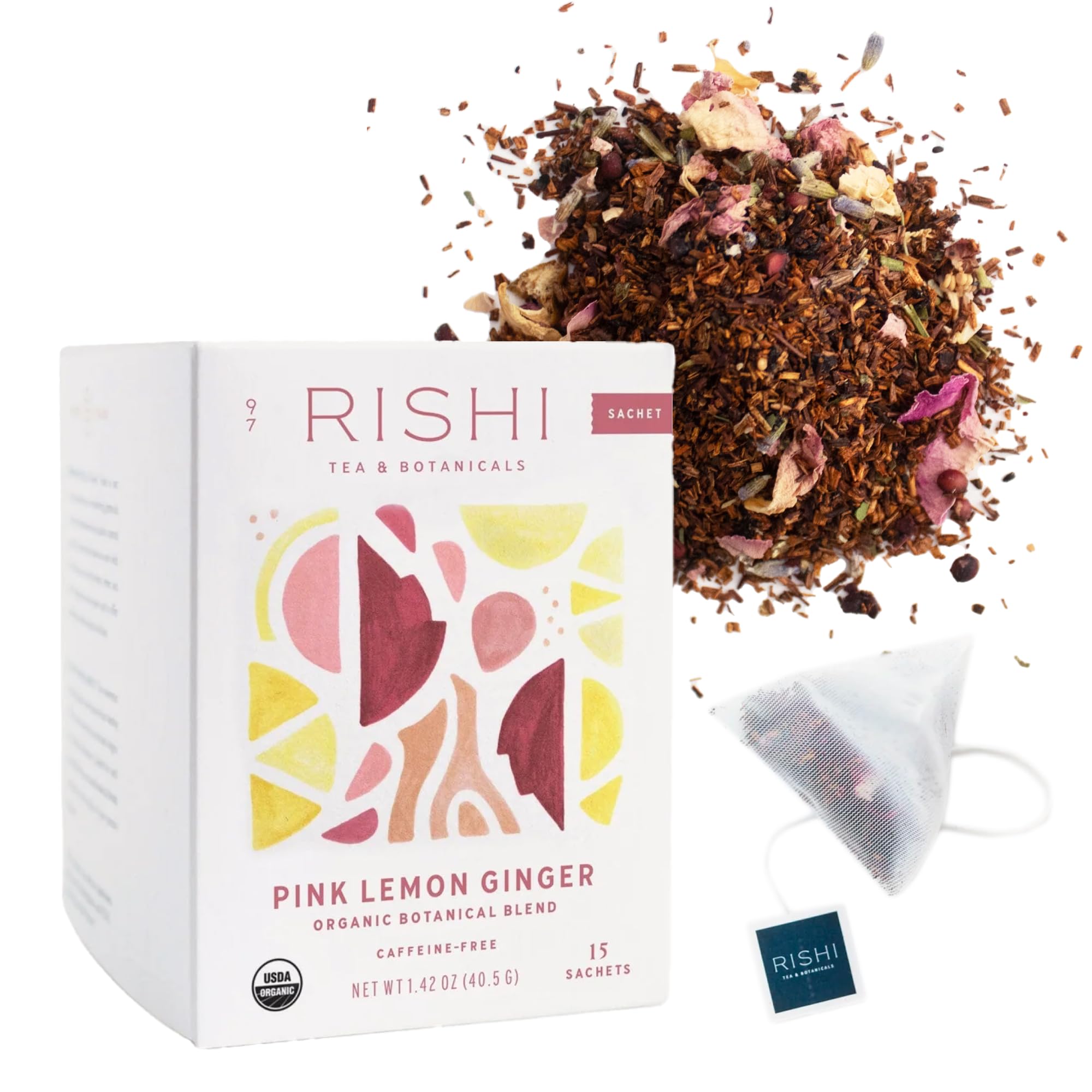 Rishi Tea Pink Lemon Ginger Herbal Tea - Organic, Caffeine Free Sachet Bags, Tangy & Naturally Sweet Botanical Blend, Enjoy Hot or Iced - 15 Count (Pack of 1)
