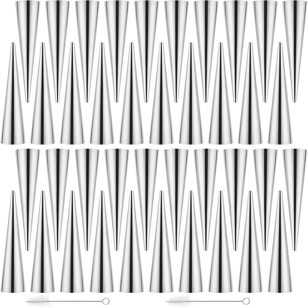 Skiennix Cream Horn Forms - 40 PCS Stainless Steel Cannoli Tubes with Cleaning Brush | 1.4 x 5.5 Inch Silver