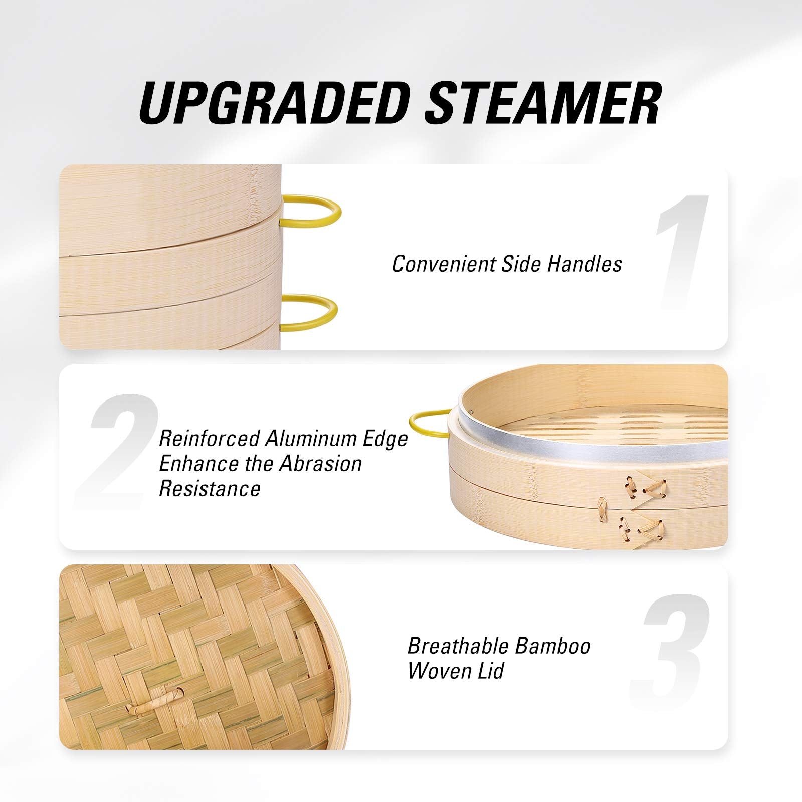 MacaRio Bamboo Steamer Basket Set 10 inch Steamer for Cooking, with Side Handles, Ring Adapter, Paper Liners, for Dim Sum Dumplings Buns Seafoods Vegetables Rice Asian Foods
