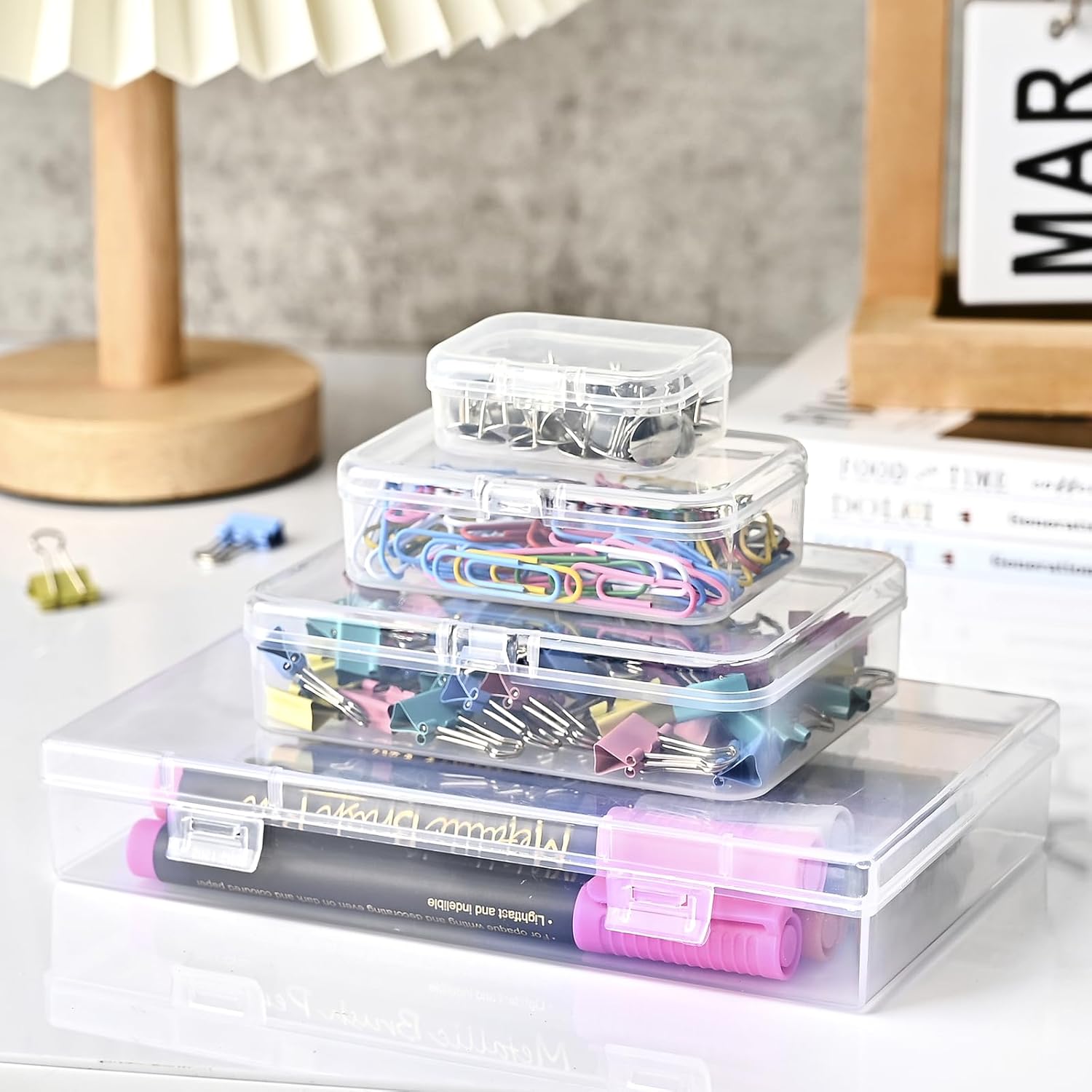 Skiennix Mini Plastic Storage Containers - 24 Pack Clear Boxes with Hinged Lids & Labels for Crafts