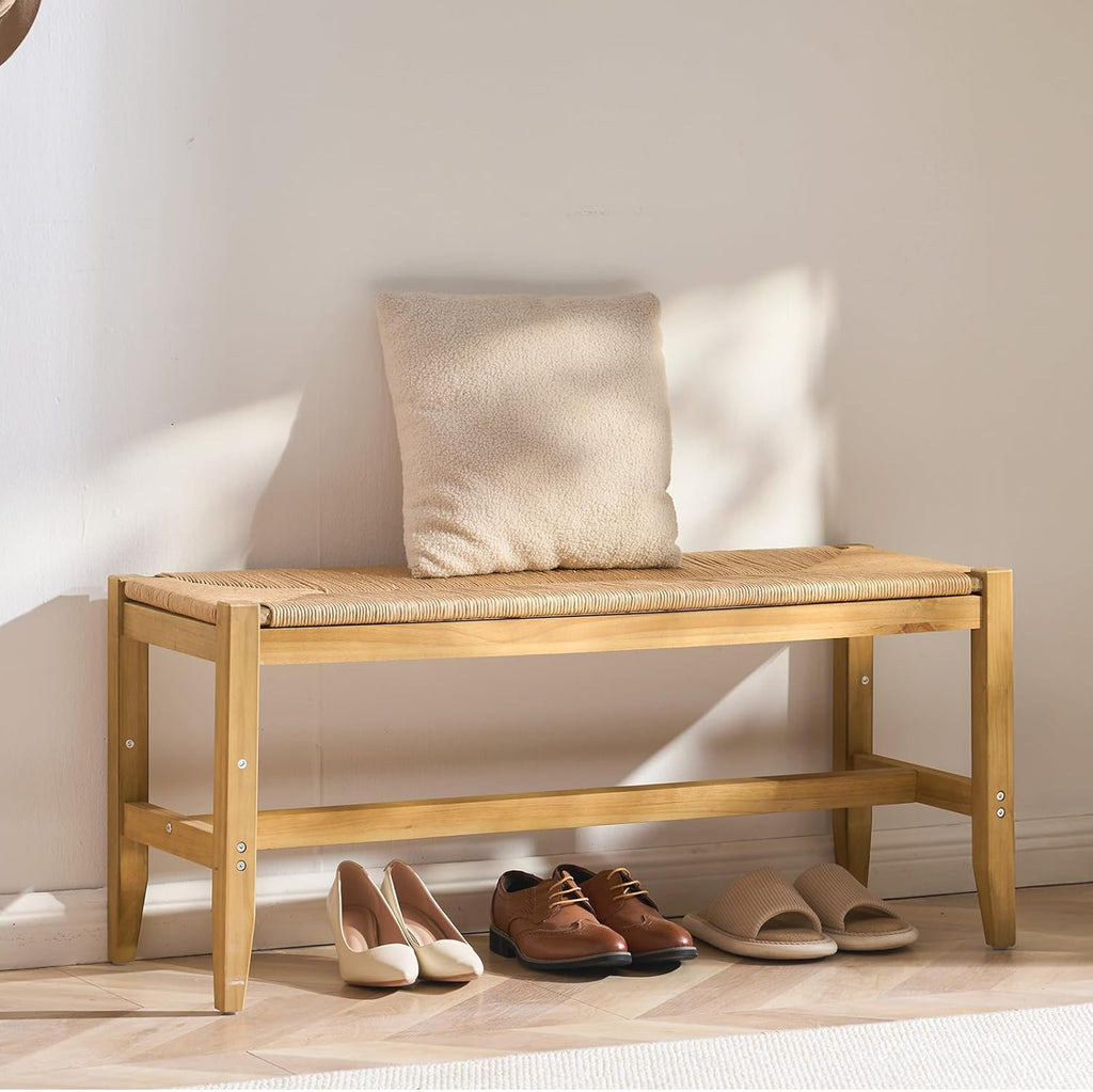 VEVOR Rattan Bench - 40" Wooden Entryway Bench with Oak Legs | Hand-Woven Boho Design for Living Room & Bedroom