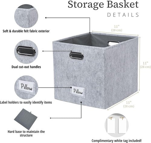 DECOMOMO Felt Storage Bins - 11-Inch Cube Storage Bins with Labels for Kallax Shelves | Light Grey (Set of 6)