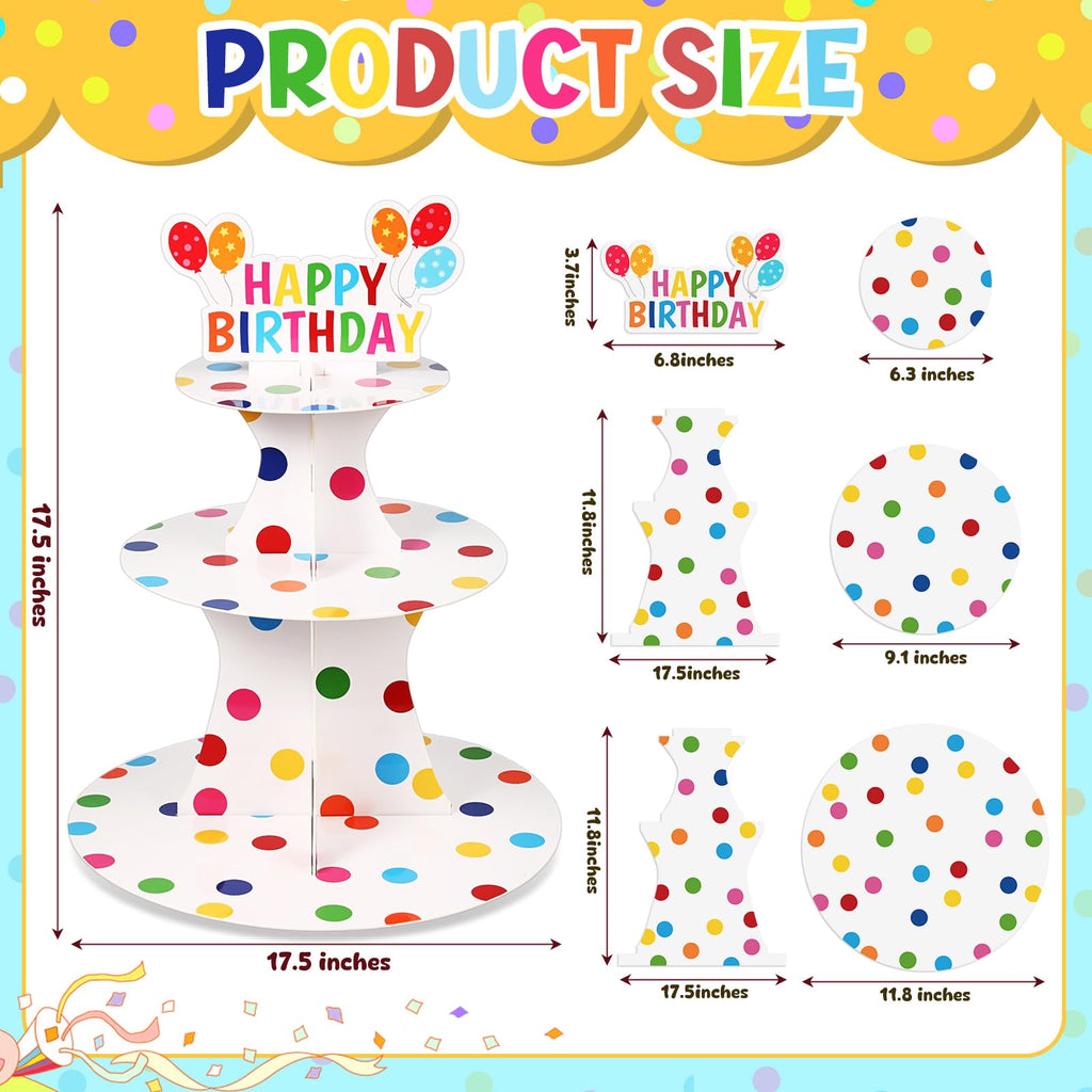 Zopeal Happy Birthday Cupcake Stand 3 Tier Birthday Party Cupcake Holder Polka Dots Cake Stand Holder Cardboard Dessert Tower for Theme Party Supplies Cake Decorations