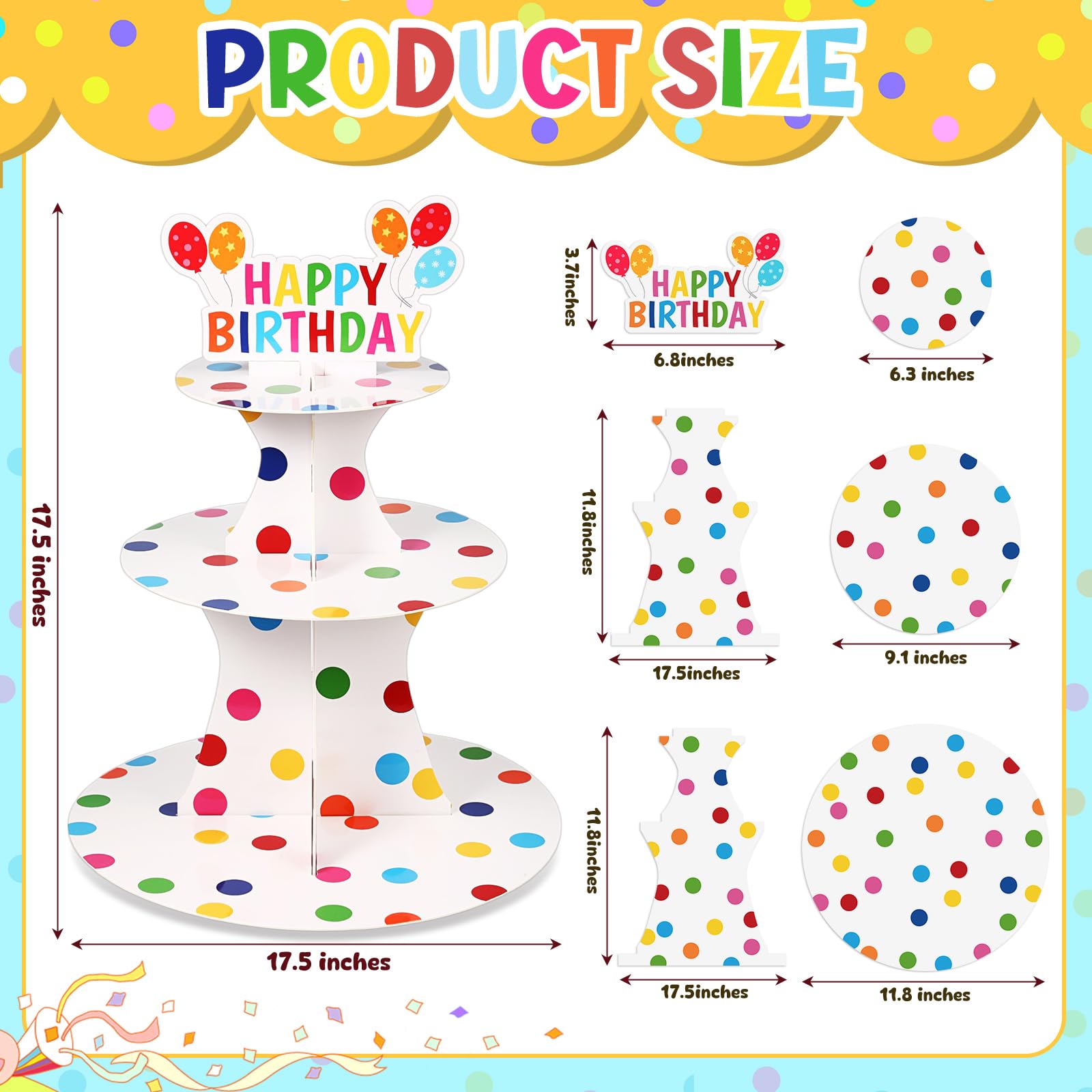 Zopeal Happy Birthday Cupcake Stand 3 Tier Birthday Party Cupcake Holder Polka Dots Cake Stand Holder Cardboard Dessert Tower for Theme Party Supplies Cake Decorations