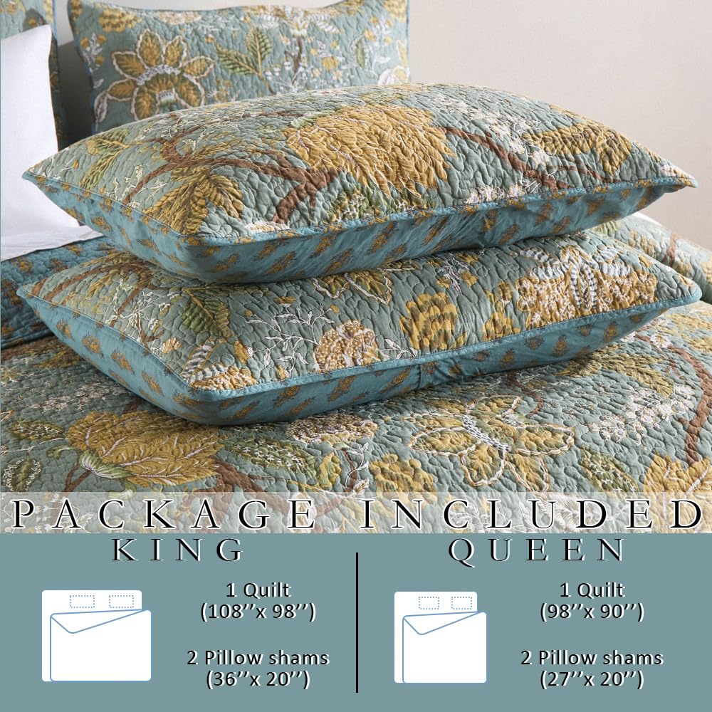 Wistown Cotton Bedspread Bedding Coverlet Quilt Sets, Reversible Vintage Branch Floral Bedspread comforters, (Rustic Sage Green Floral Pattern, King Size)