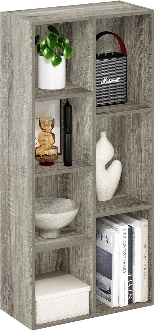 Furinno LUDER Book Shelf - 7-Cube Bookshelf with Open Shelves | Easy Assembly, French Oak Finish, 9.4 x 19.5 x 41.7