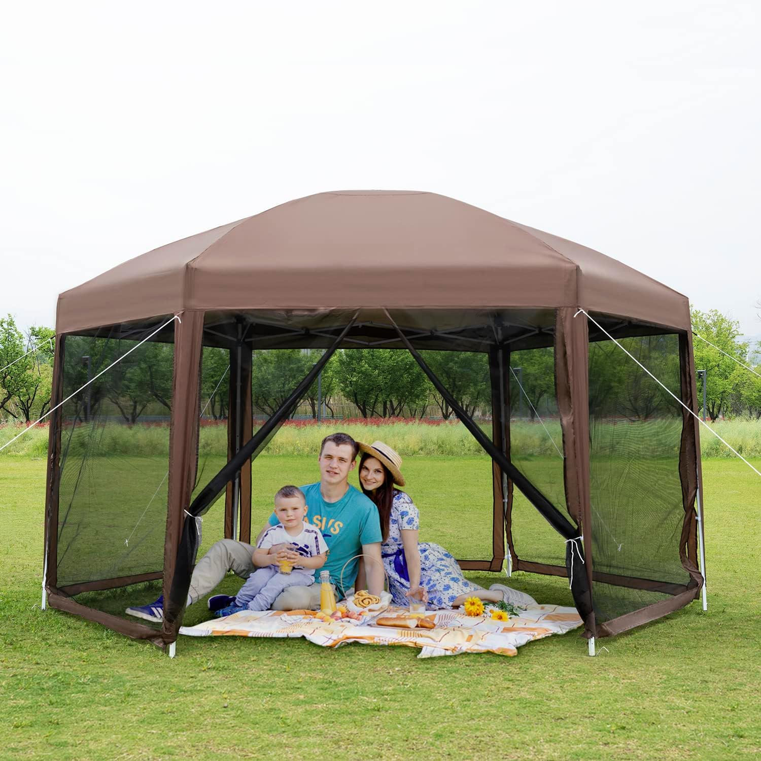 PayLessHere 13x13ft Hexagonal Gazebo Tent - Waterproof Pop-Up Screen House with Mosquito Netting | Portable & Adjustable Height for Outdoor Use, Brown