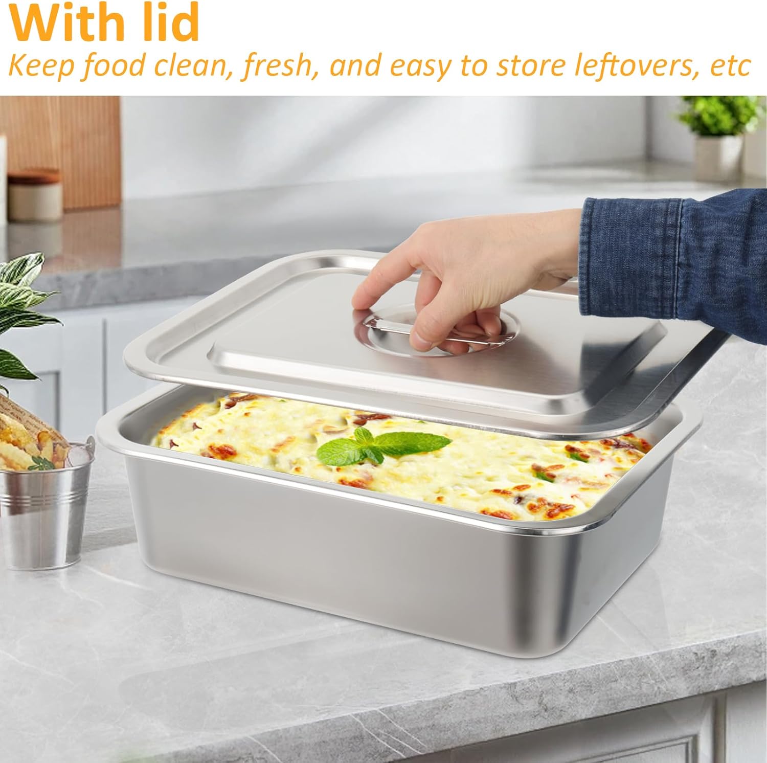 Skiennix 4-Inch Extra Deep Lasagna Baking Pan - 304 Stainless Steel with Lid, 8.7x12.6 Inch, Silver