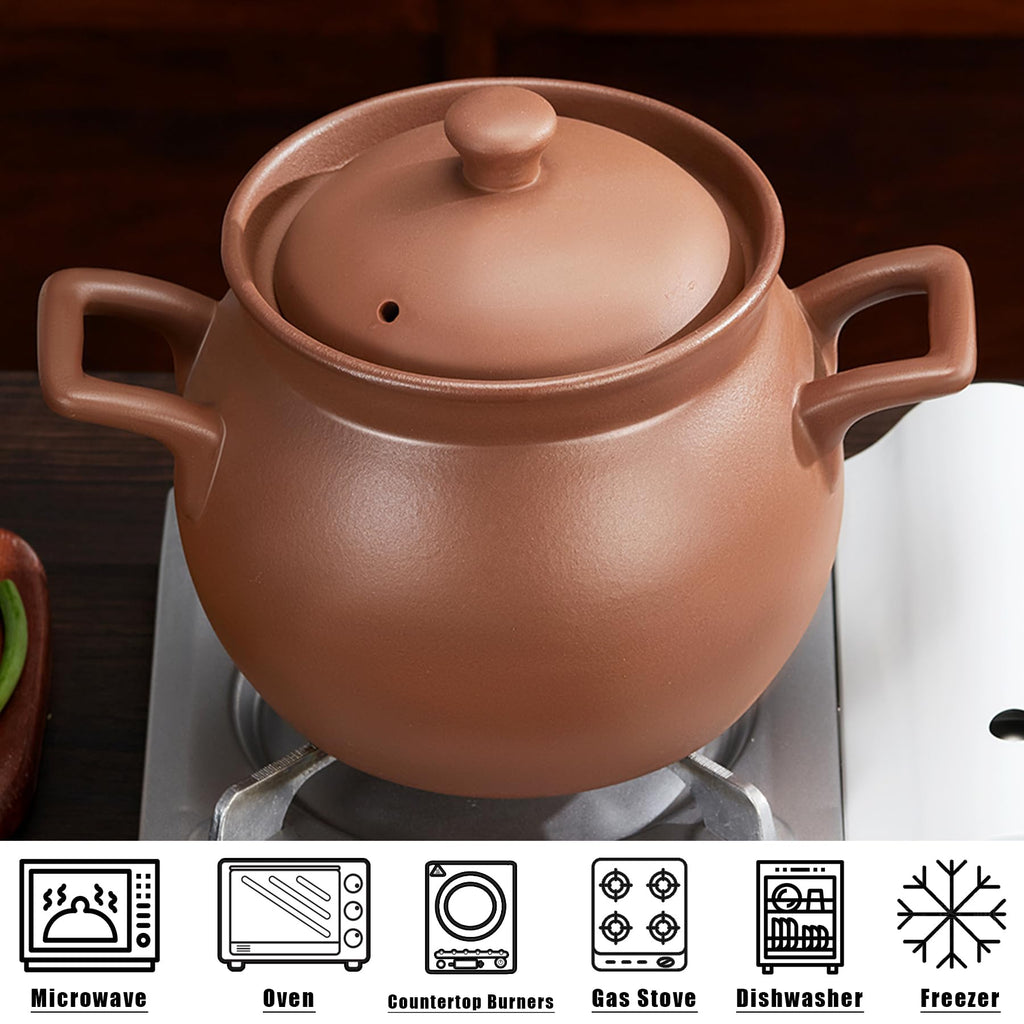 Red Zisha Unglazed Earthen Cookware Stock Pot, Natural Terracotta Pan Ceramic Casserole Dish, Clay Pot with Lid for Cooking Rice, Hot Pot, Dolsot Bibimbap and Soup (5.28QT(5L))