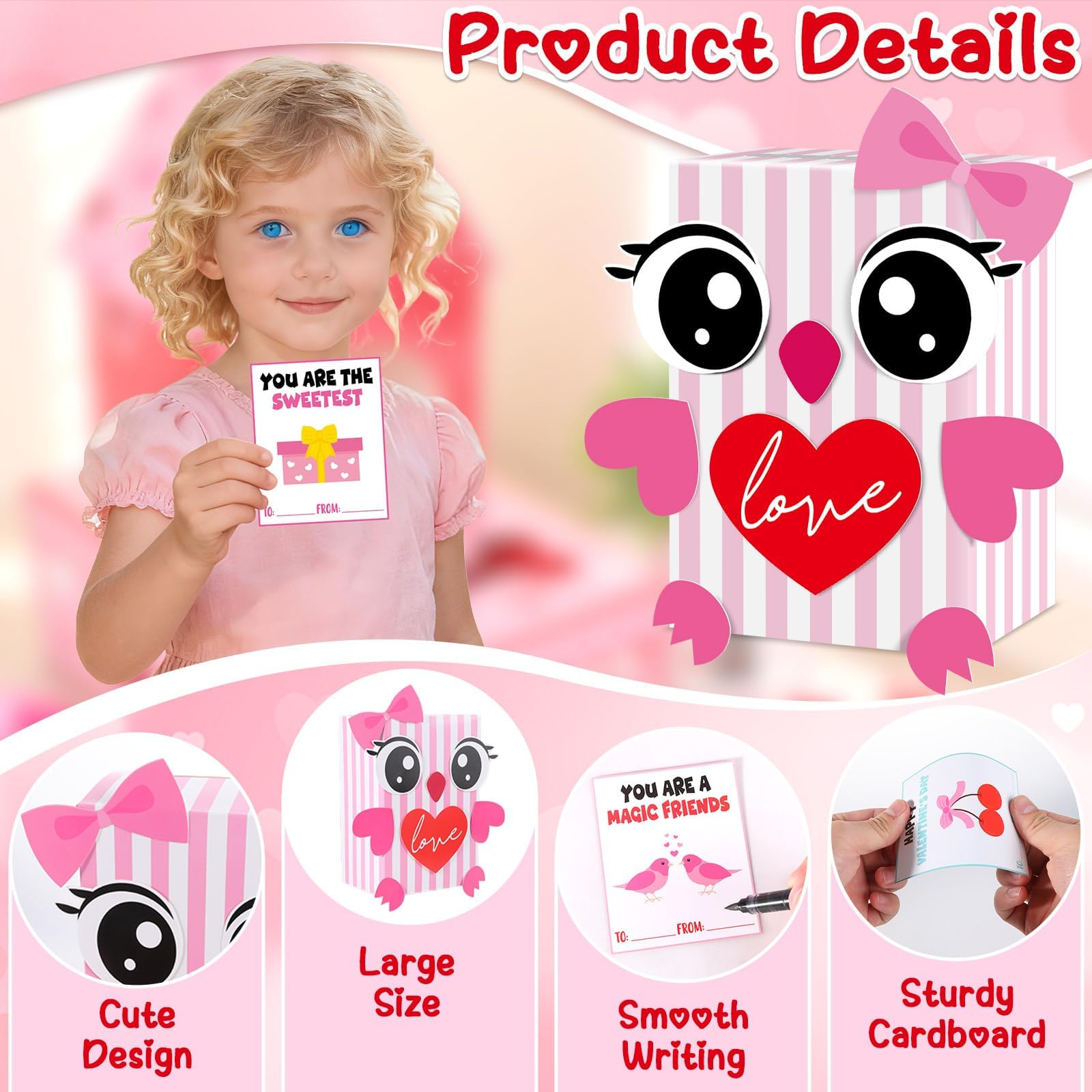 ojustbeok Large Valentine's Day Card Box for Kids with 50 Valentine Cards DIY Heart Owl Valentines Day Mailbox Cards Set for Girls Boys School Classroom Exchange Valentines Party Favors Supplies