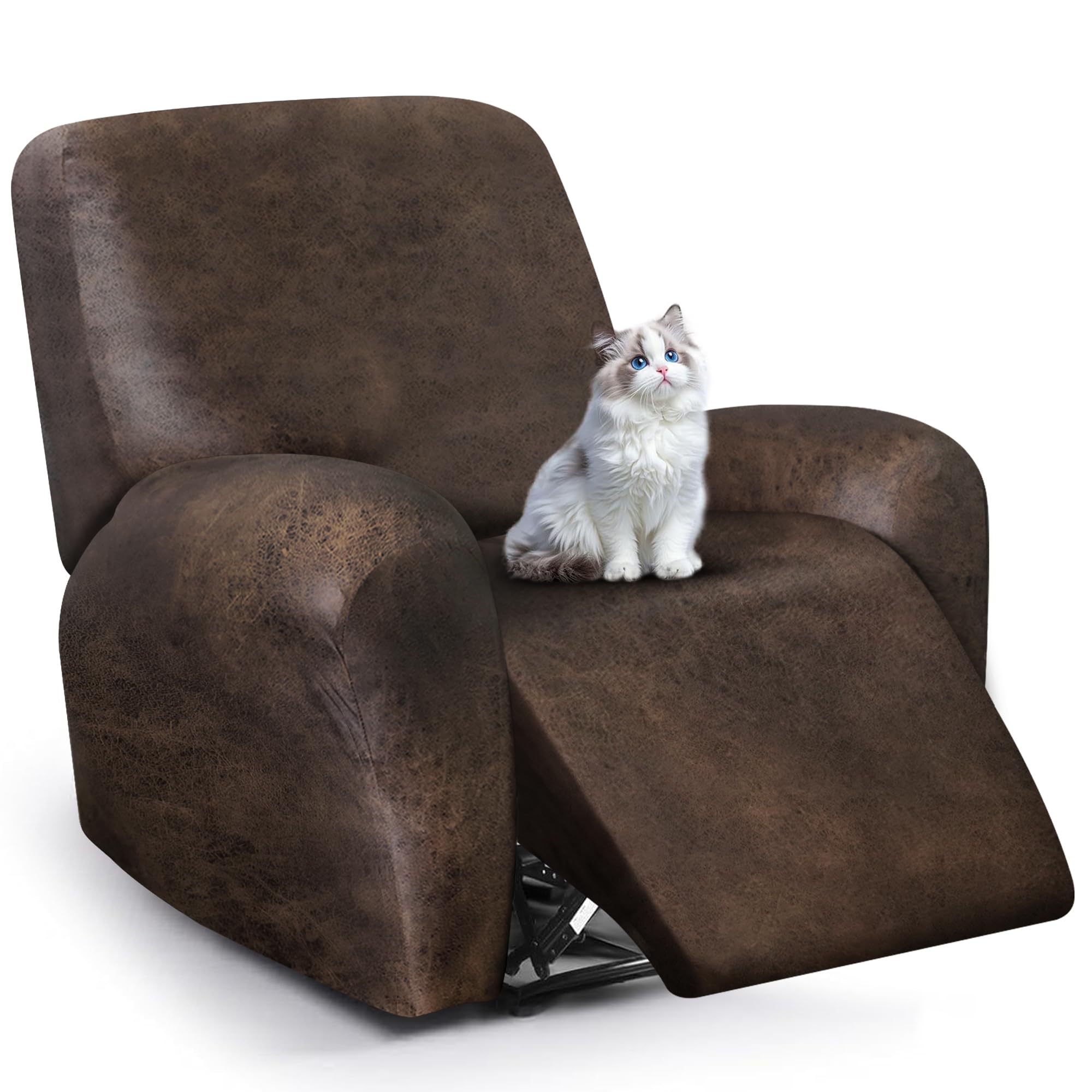 ANARACHON Leather Look Recliner Chair Covers, 4-Pieces Stretch Recliner Cover, Soft Reclining Chair Slipcover, Washable Furniture Protector for Lazy Boy Recliner (1 Seater, Brown)