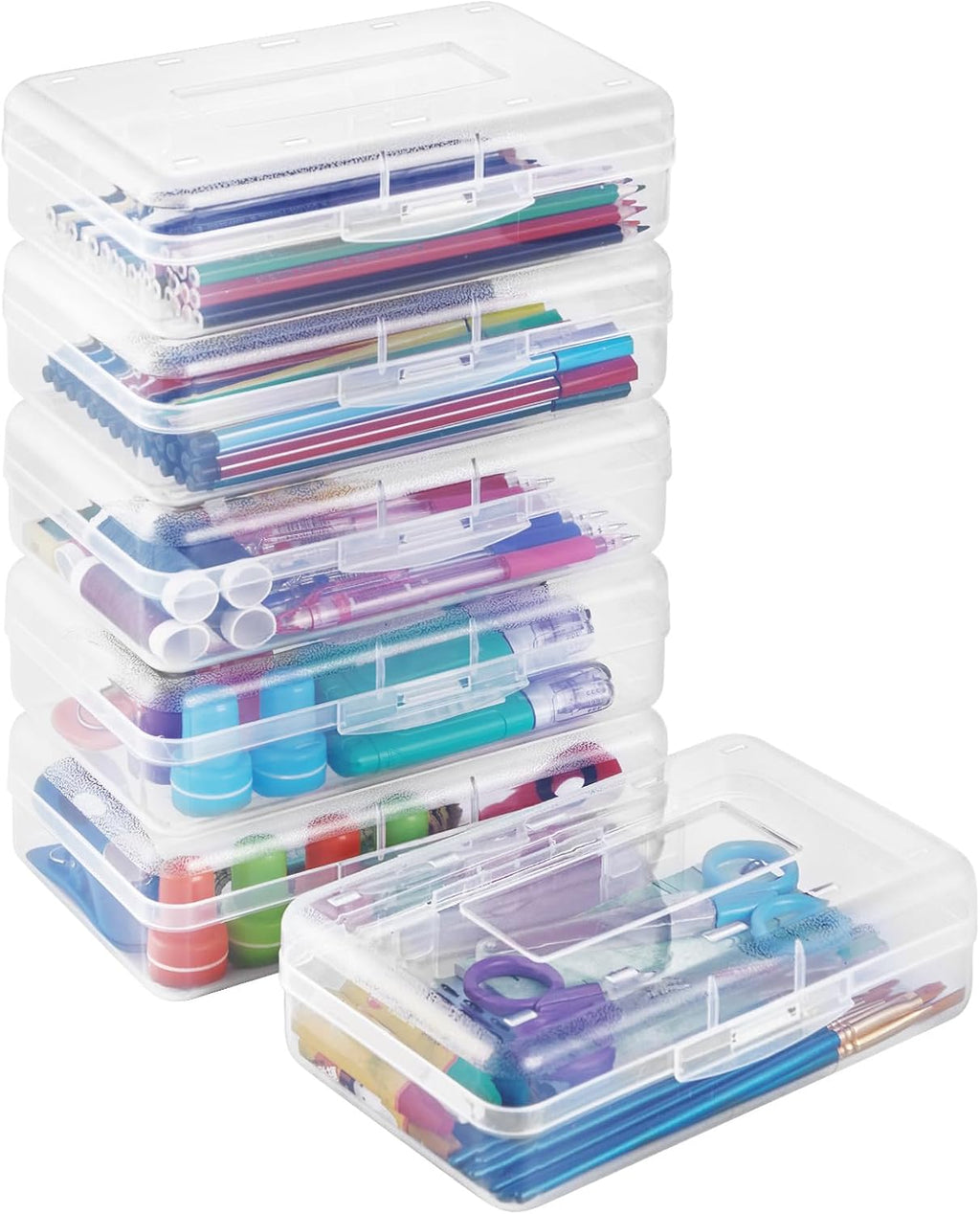 Sooez Plastic Pencil Case Box - 6 Pack Large Crayon Organizer with Snap Lids | Clear Stackable Craft Storage