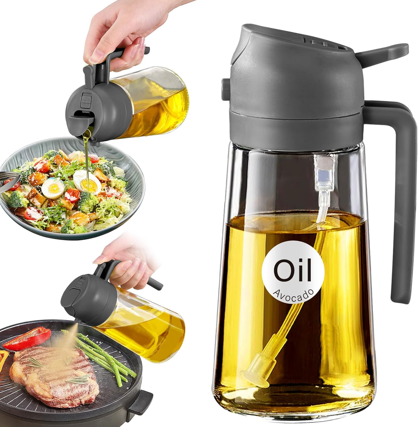 YARRAMATE 16oz Olive Oil Sprayer - Food-Grade 2-in-1 Dispenser for Cooking & BBQ | Gray