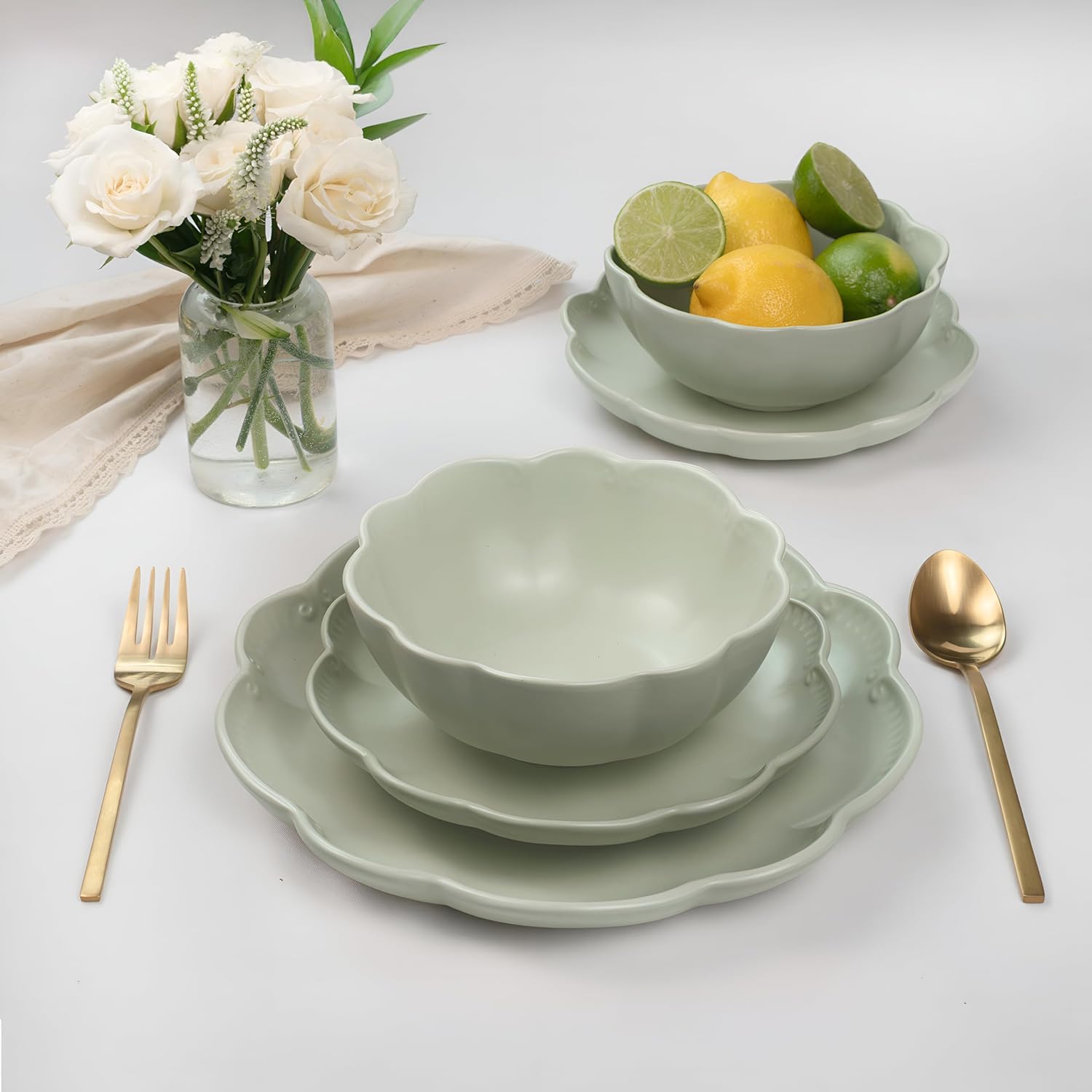 Sango 12-Piece Scalloped Dinnerware Set - Sage Green Ceramic Dishes for 4 | Chip Resistant & Dishwasher Safe