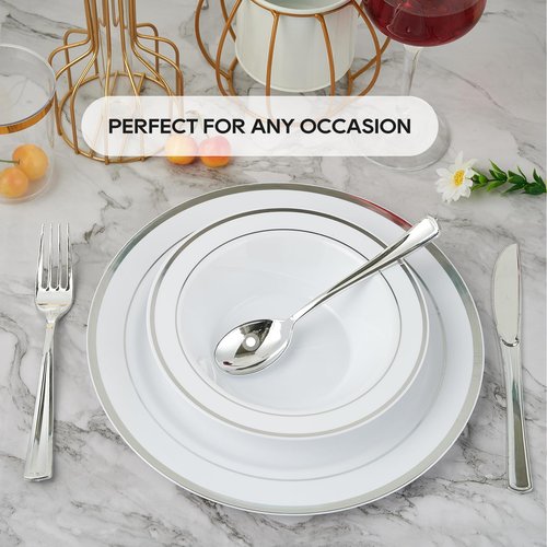 JOLLY PARTY 100PCS Plastic Bowls with Silver Rim-12oz Disposable Soup Bowls, Christmas Thanksgiving Premium Heavy Duty Plastic Dessert Bowls for Wedding/Party, Silver