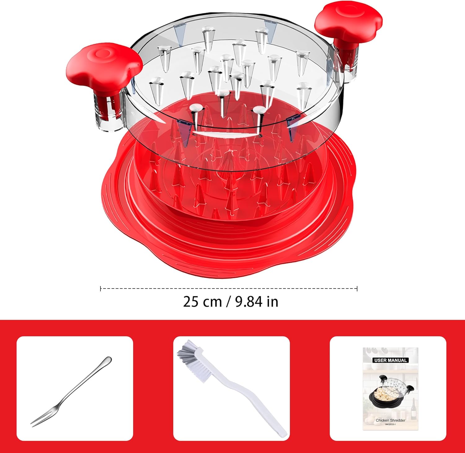 SURETIVIAN Chicken Shredder - Ergonomic Meat Shredder Tool with Brush & Fork | BPA-Free, Red