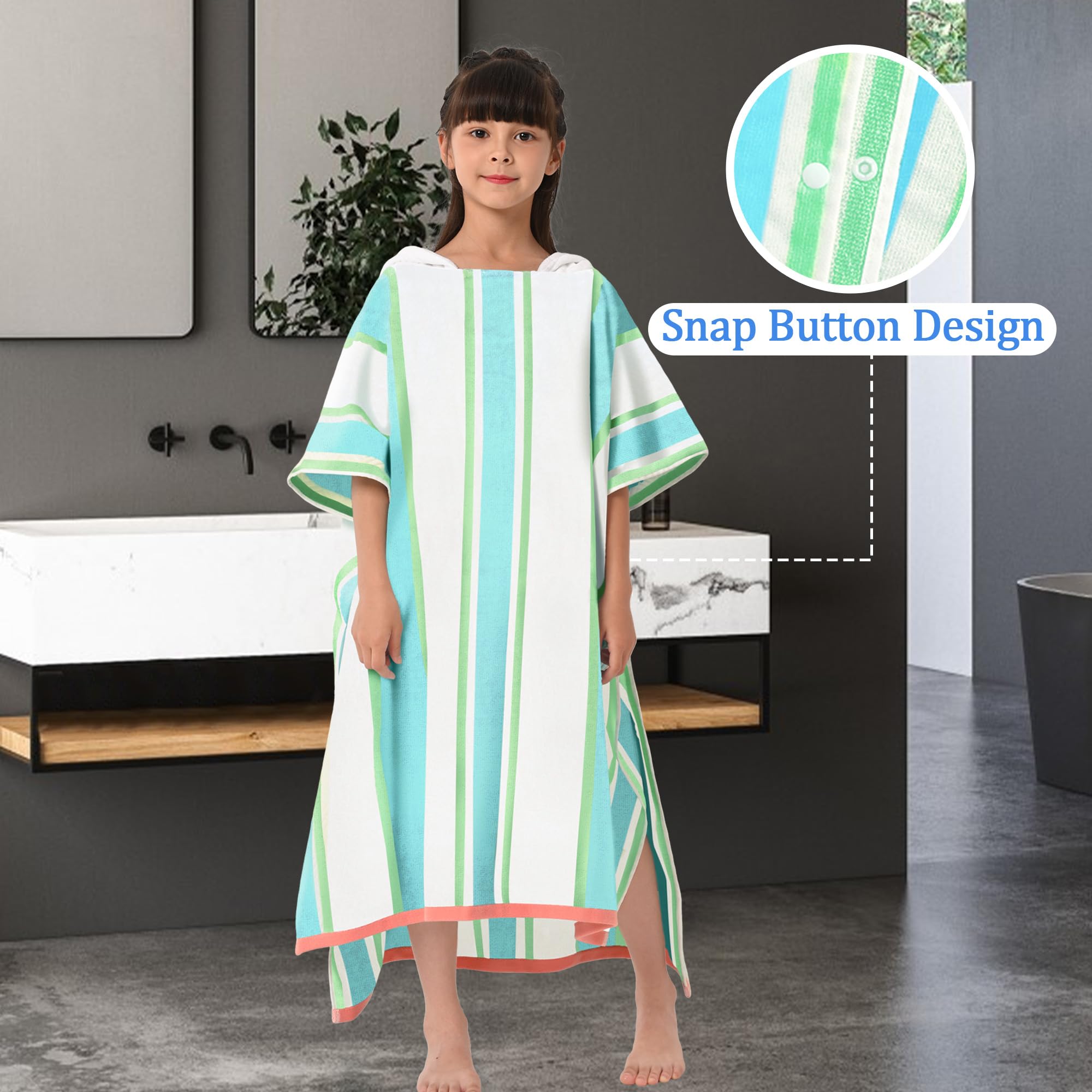 VOOVA & MOVAS Hooded Poncho Towels for Teens (8-16Years), 100% Cotton Thick Poncho Towel for Big Kids, Perfect for Pool, Beach, Bath, Green White Stripe
