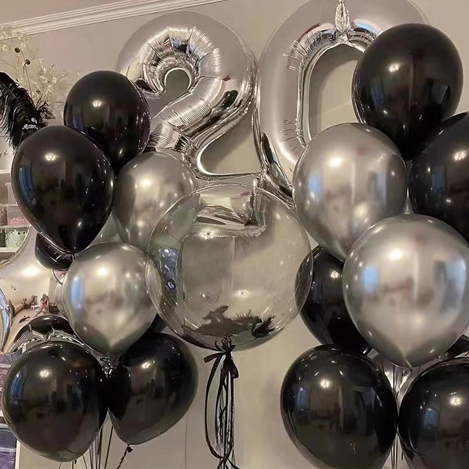 Skiennix 12-Inch Metallic Black & Silver Balloons - 67pcs for Birthday, Baby Shower & Wedding Decor