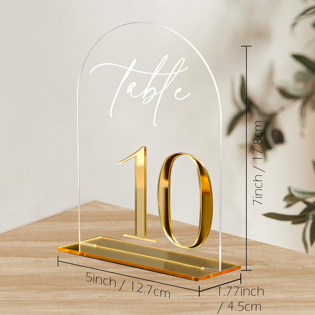 HOODO Clear Arch Wedding table numbers 1-20 with Stands, 5"x7" Arched Acrylic Signs with Gold Mirror Numbers, Clear and Gold Acrylic Table Numbers for Wedding Reception, Party, Anniversary, Event