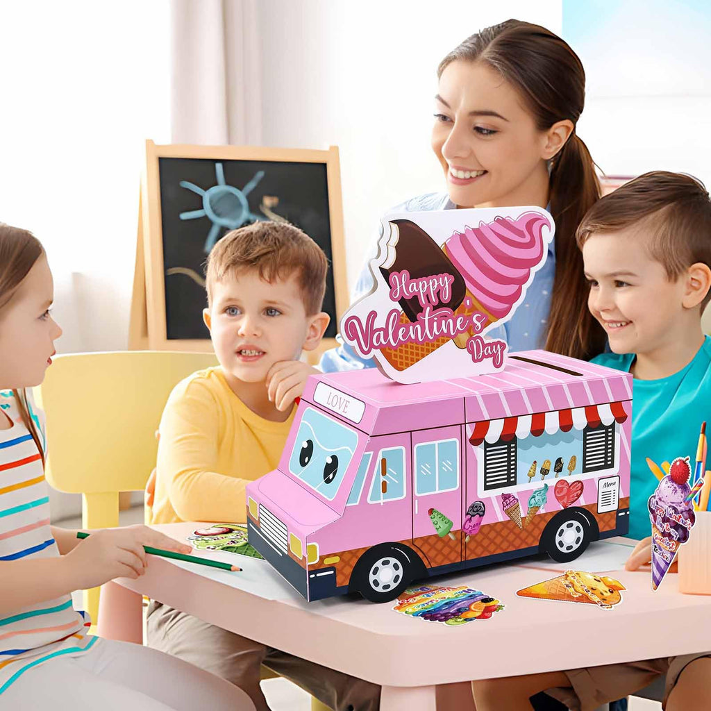 RINDOJIN Valentines Day Cards for Kids 3D Pink Ice Cream Truck Valentine Mailbox for Kids Classroom School Boys Girls Party Truck Valentines Day Card Box with 35 Ice Cream Valentine Cards