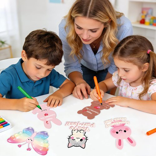 WENHUI 36 Pack Valentines Day Cards for Kids School – Adorable Die-Cut Animal & Food Classroom Valentines with Pink Envelopes & Stickers, 9 Cute Designs for Boys, Girls & Teachers