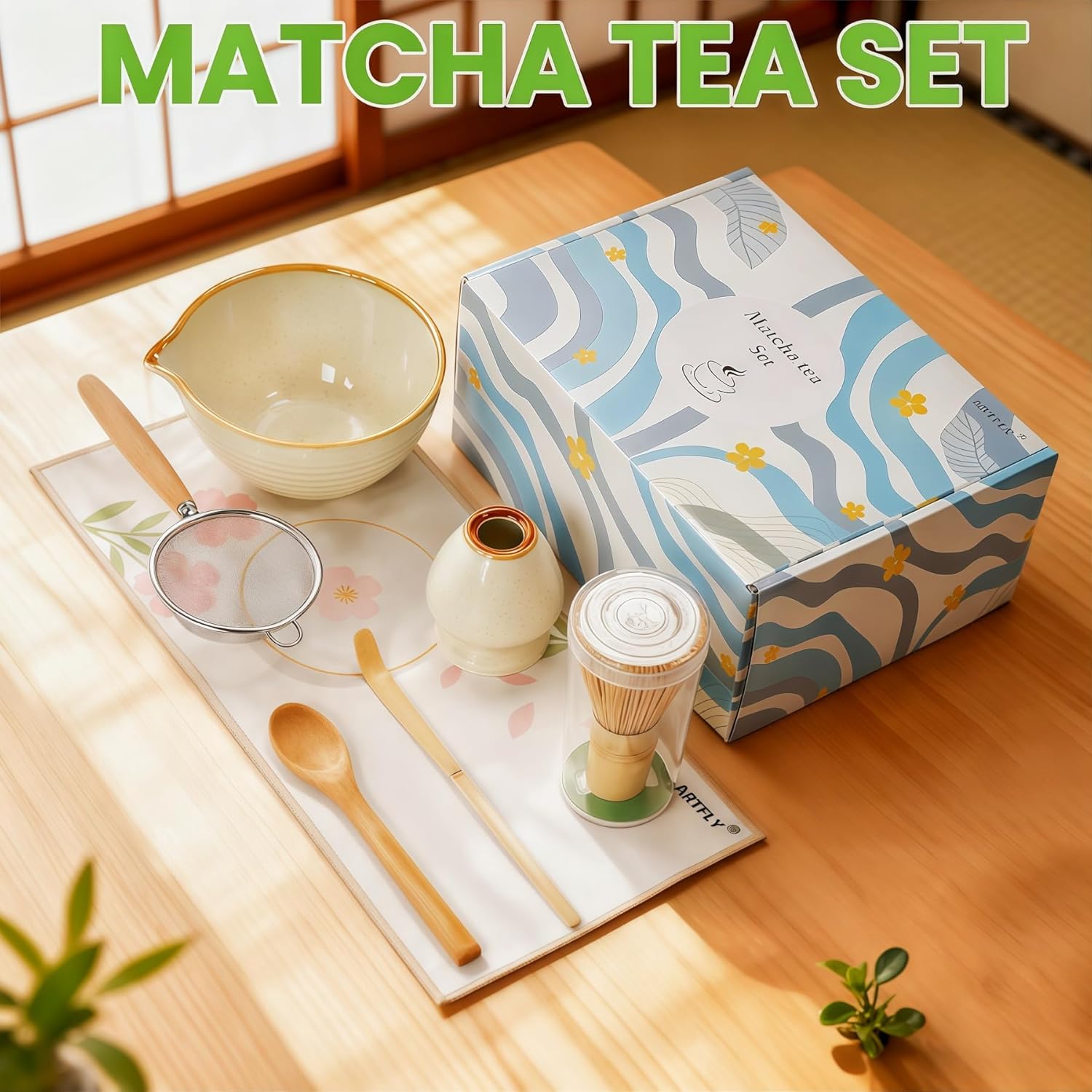 Skiennix 7-Piece Matcha Set - Japanese Matcha Kit with Ceramic Bowl, Whisk, Sifter & More