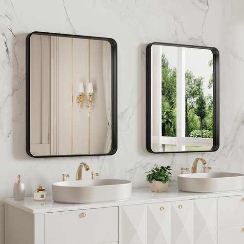 LOAAO Black Metal Framed Bathroom Mirror - 20x16 Inch Matte Black Rounded Rectangle | Anti-Rust, Versatile Hanging Options