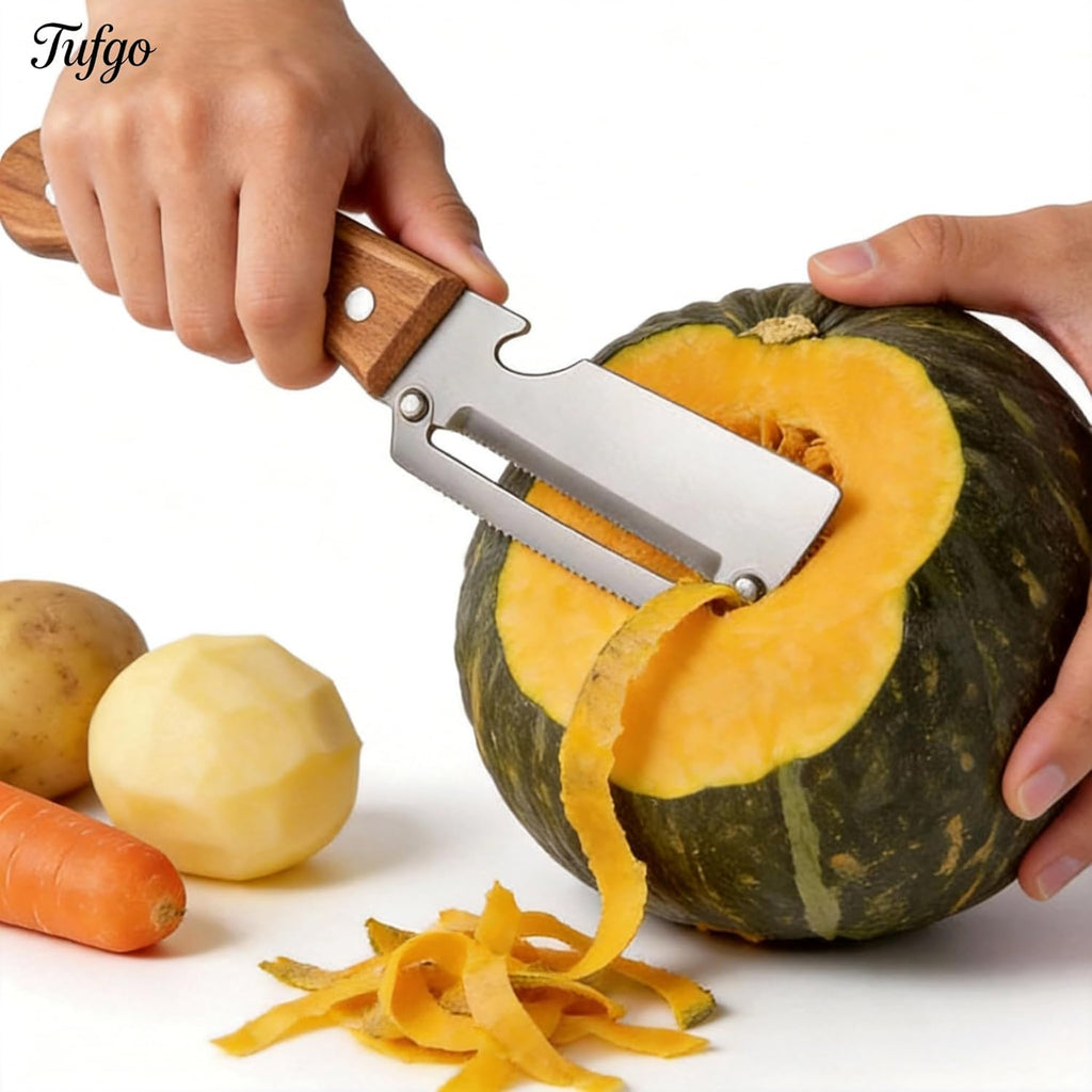 Skiennix 2-In-1 Vegetable Peeler - Multi-Functional Kitchen Tool with Bottle Opener & Wooden Handle