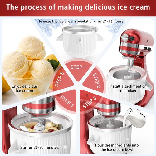 Ice Cream Attachment for KitchenAid Mixer, Ice Cream Bowl Compatible with 4.5Qt and 6QT Or Larger Stand Mixers KitchenAid Attachment, Frozen Yogurt & Sorbet Gelato Maker Attachment, 2 Qt White