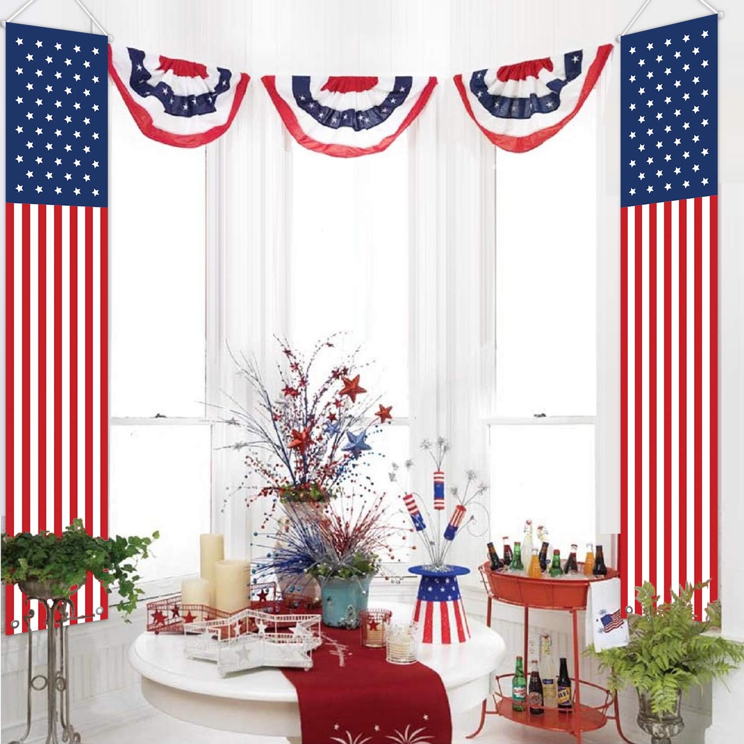 4th of July Decorations - Patriotic American Flag Banners & Porch Sign | Red, White & Blue (2 Pcs)