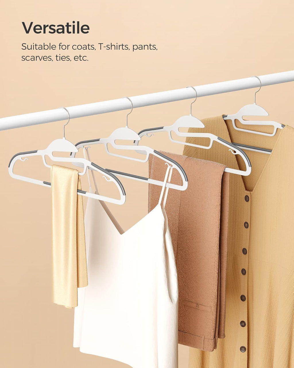 SONGMICS Heavy-Duty Plastic Coat Hangers - Space-Saving Design with 360º Swivel Hook | 16.3 Inches Wide, Cloud White & Dark Gray