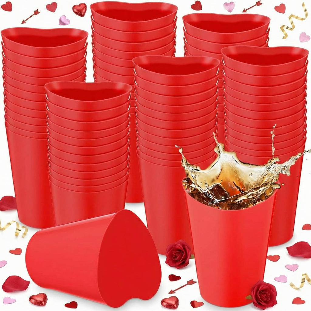 Qinyoung 100 Pcs Valentines Heart Shaped Plastic Cups Bulk 12 oz Plastic Heart Wine Cups Reusable Pink Red Galentines Party Cup for Wedding Birthday Drinking Beverage Party Supplies(Red)